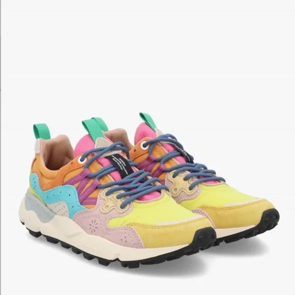NWT Flower Mountain YAMANO 3 Yellow Light Lime Pink Suede Trainers - Picture 2 of 16